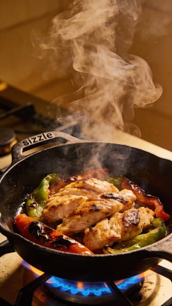 Image Generation Prompt:
Subject: A high-angle shot of a black cast iron skillet on a gas burner.
Action: Blue flames are visible underneath. The skillet contains seared chicken strips and charred peppers.
Atmosphere: Steam and smoke are rising dynamically from the pan, capturing the "sizzle" effect.