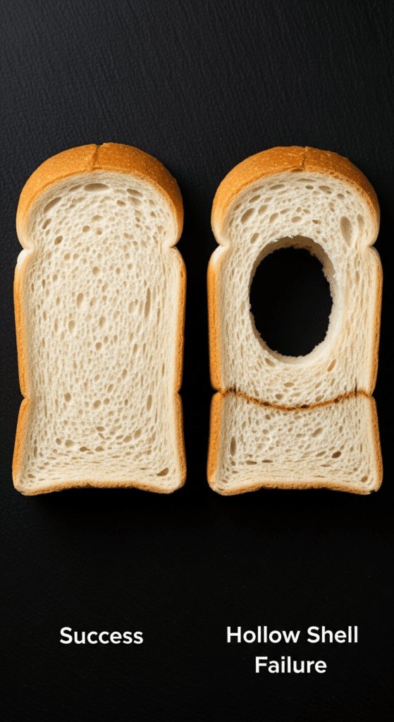 Subject: Side-by-side comparison of two bread slices.
Left Slice: Perfect, uniform, airy crumb (labeled "Success").
Right Slice: Dense layer at the bottom with a large hole at the top (labeled "Hollow Shell Failure").
Background: Dark slate surface to make the white bread pop.