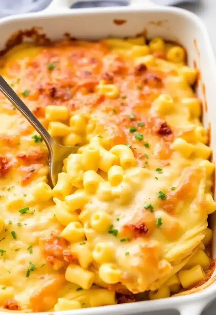 Golden baked spaghetti squash mac and cheese in a baking dish