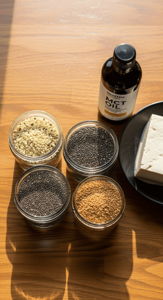 A bright, top-down photography shot of a wooden table featuring glass jars filled with hemp hearts, chia seeds, and golden flax meal. Beside them, a bottle of MCT oil and a block of firm tofu. Natural morning light, crisp focus on the textures of the seeds.