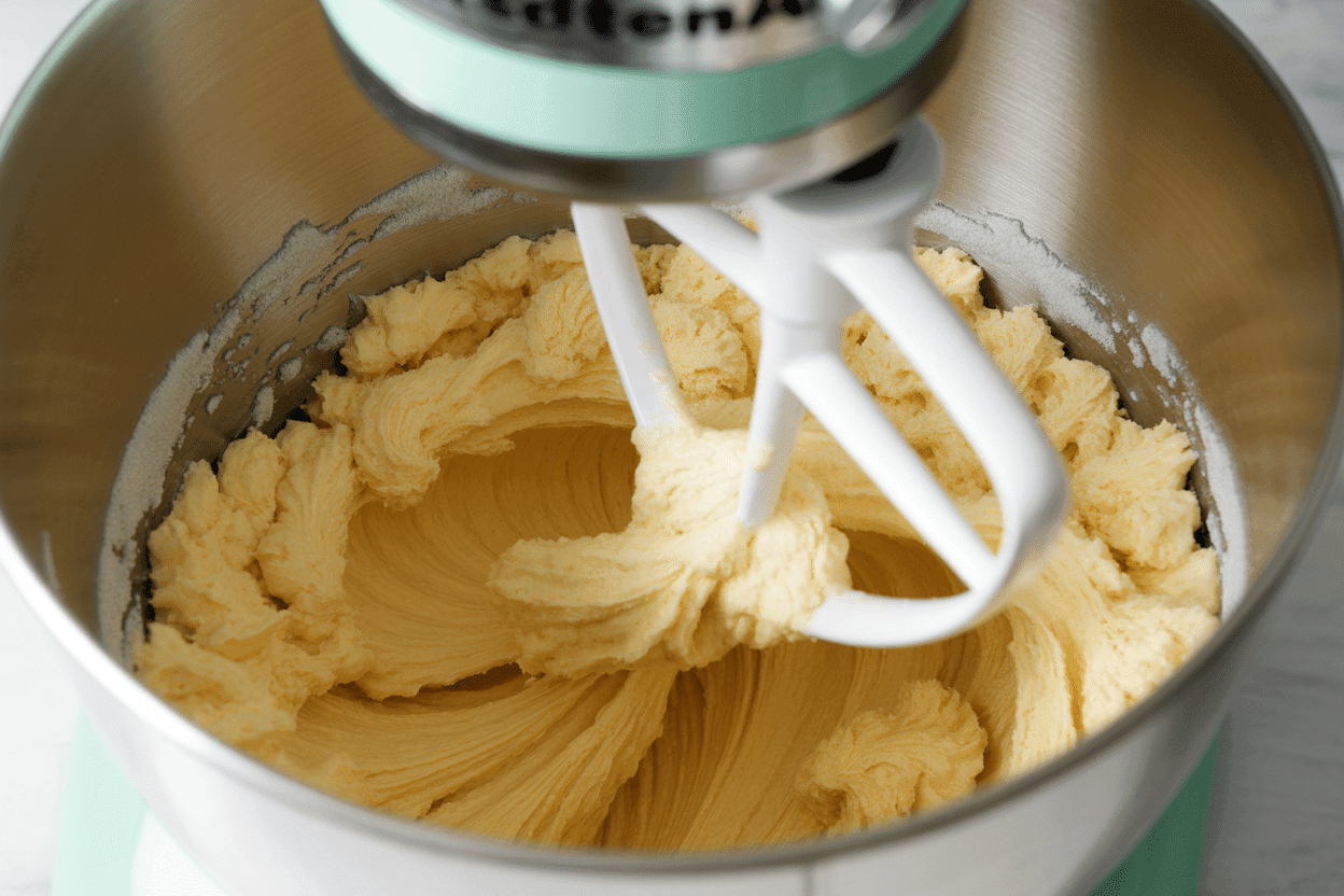 Close-up of creamy butter and sweetener being whipped in a stand mixer, pale yellow fluffy texture, KitchenAid beaters, professional food photography