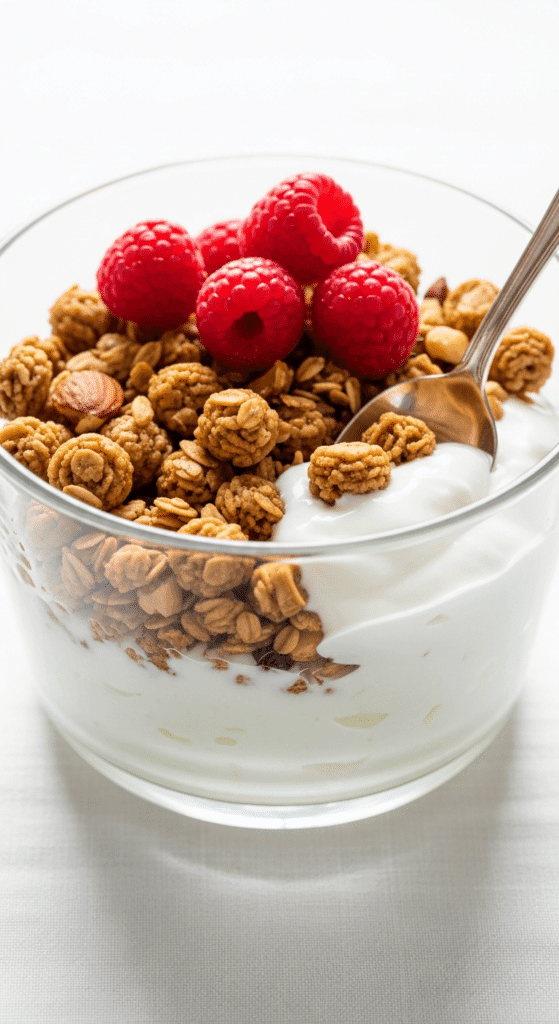 A clear glass bowl layered with thick white coconut yogurt and golden-brown nut granola. A silver spoon digs into the layers. Fresh raspberries garnish the top. Bright, airy lighting style.