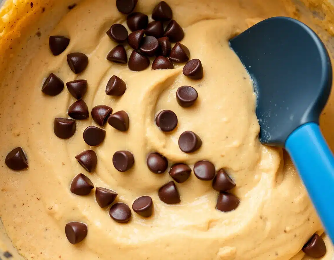 Chocolate chips being folded into cookie dough, dark chips visible in beige dough, rubber spatula, macro photography