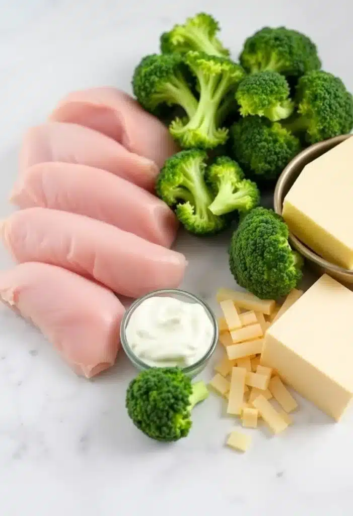 Fresh ingredients for keto chicken casserole including chicken breast, broccoli, cream cheese, and cheddar