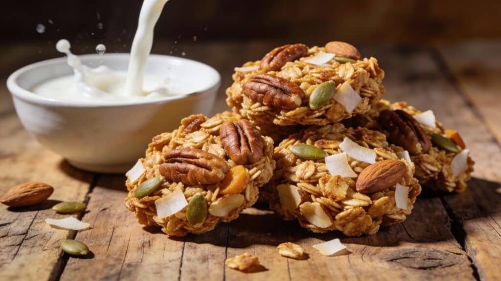 High-resolution macro photography of golden-brown keto granola clusters on a rustic wooden table. Lighting should be natural and side-lit to highlight the texture of pecans, pumpkin seeds, and toasted coconut flakes. A splash of cold almond milk is being poured into a white ceramic bowl in the background. 8k, photorealistic, food styling.