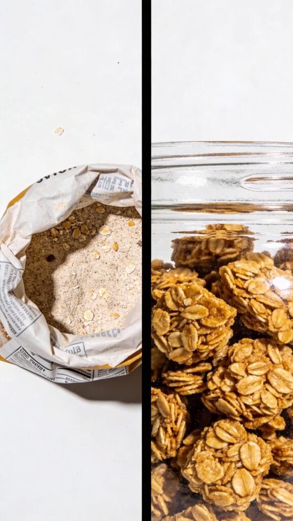 Image Generation Prompt:
Split screen comparison image. On the left: A crumpled bag of generic store-bought granola showing mostly dust and small pieces. On the right: A glass jar filled with large, golden homemade keto granola chunks. Bright, clean lighting, 4k resolution.