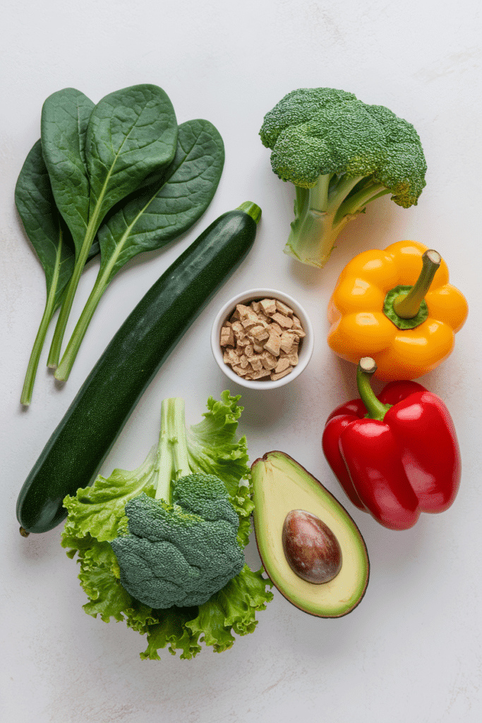 fresh low carb vegetables for keto: spinach, broccoli, zucchini, cucumber, bell pepper, avocado, lettuce, healthy
  fats, white background, flat lay