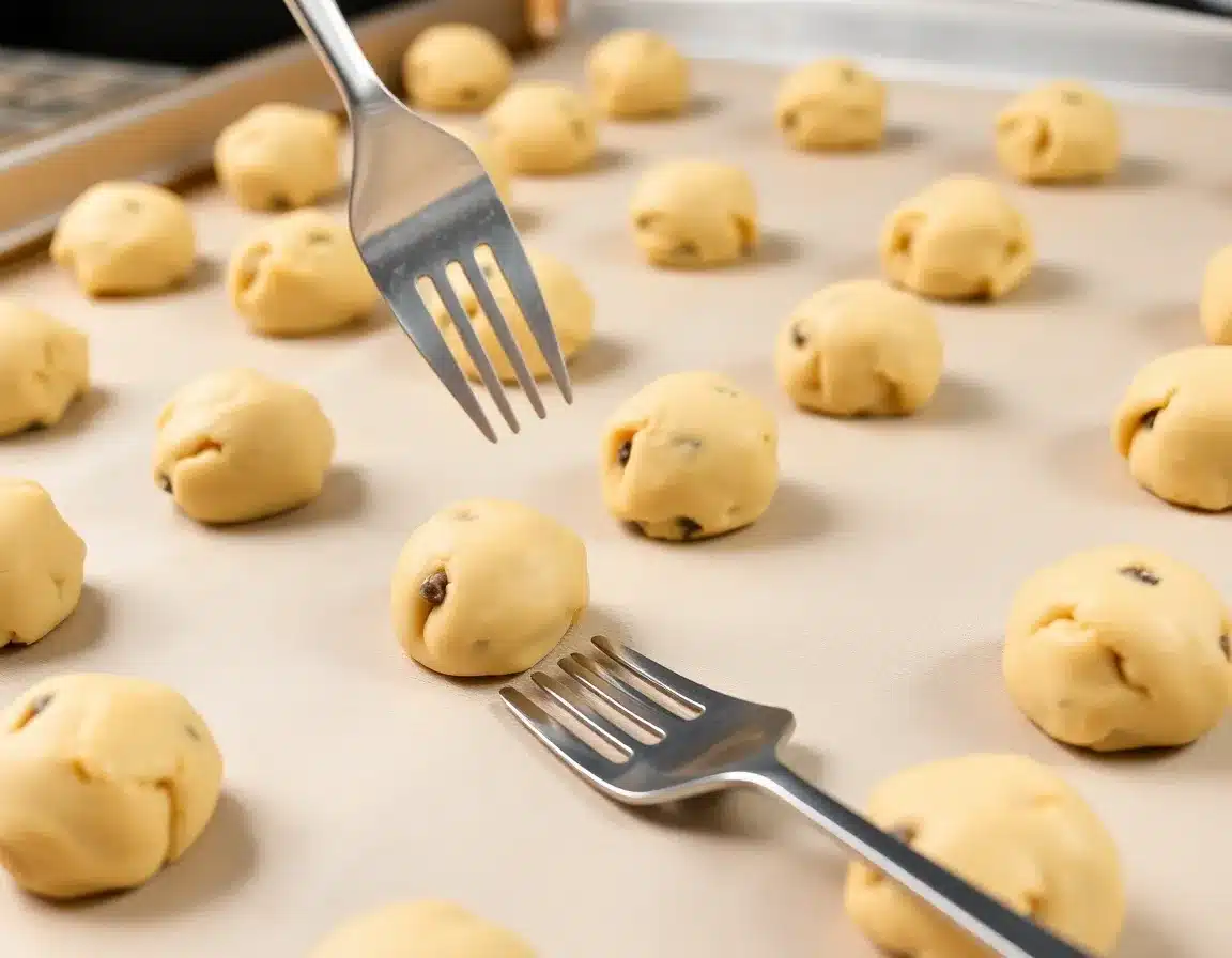 Cookie dough balls on baking sheet, being flattened with fork, uniform spacing, professional food photography