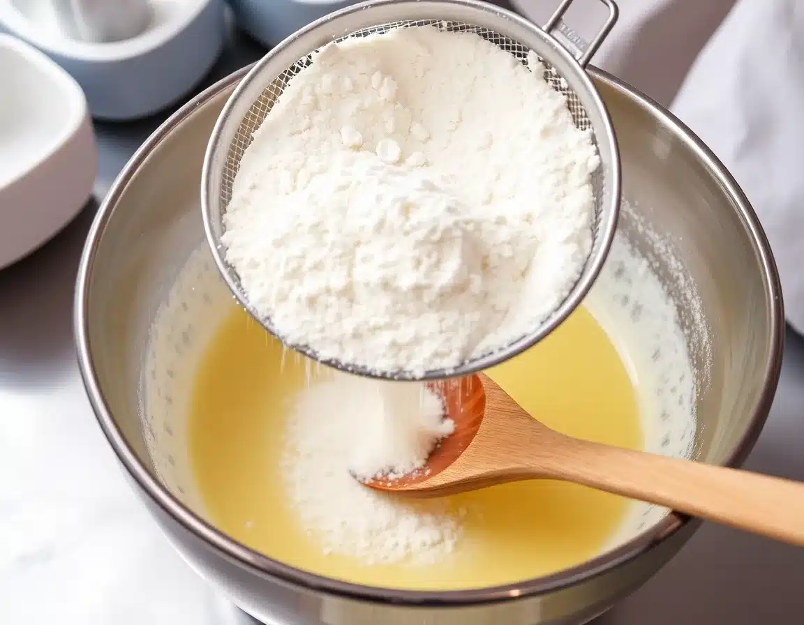 Almond flour being sifted into egg mixture, white powder flowing, wooden spoon, professional kitchen