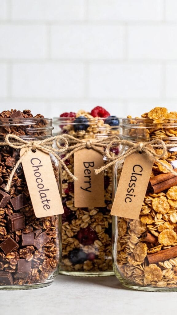 Image Generation Prompt:
Three distinct mason jars filled with granola variations: one chocolate, one berry-speckled, one cinnamon-golden. Labels tied with twine reading "Chocolate," "Berry," "Classic." 8k resolution, bright kitchen background.