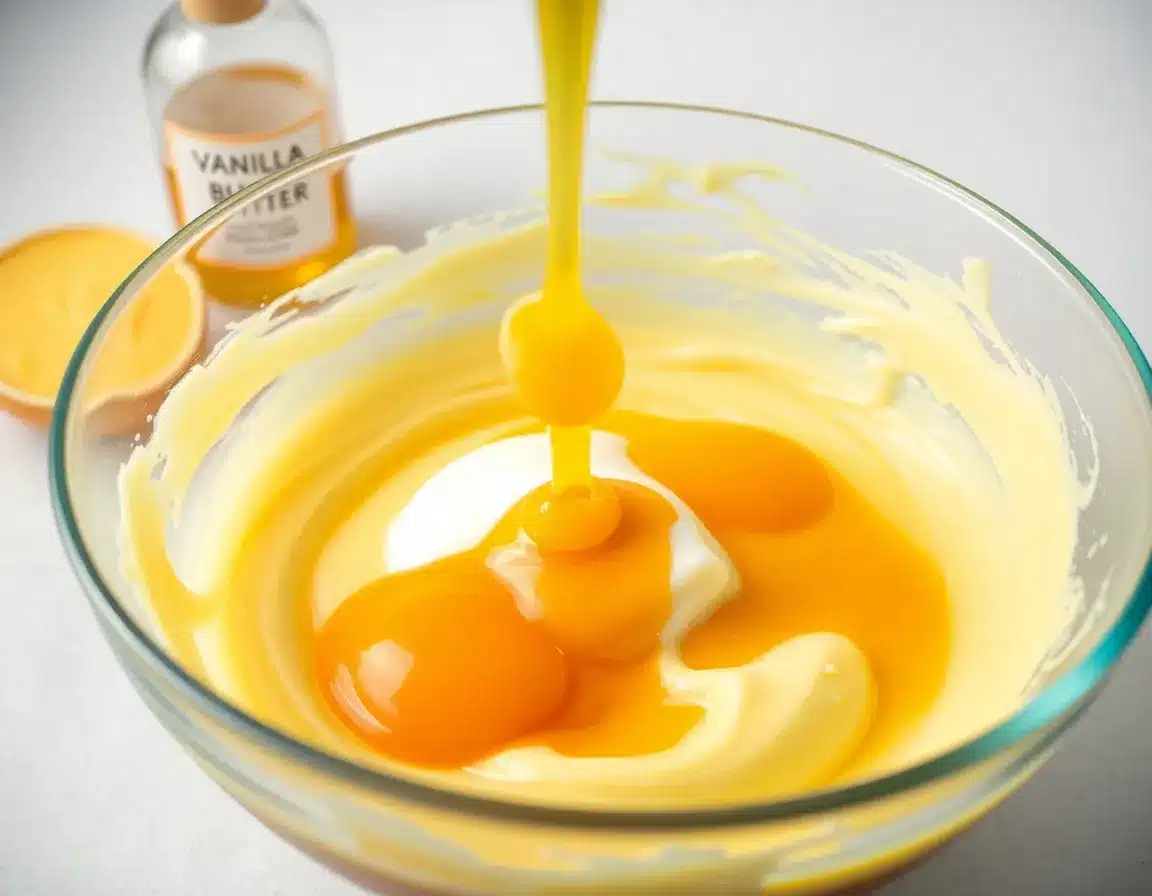 Eggs being drizzled into whipped butter mixture, vanilla extract bottle in background, smooth yellow batter, studio lighting