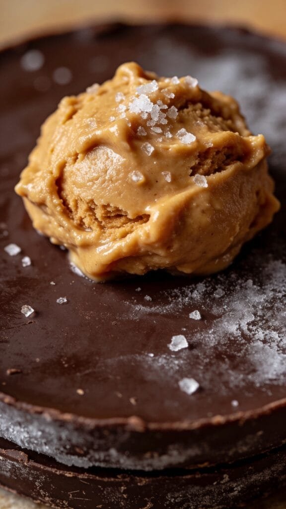 A macro shot showing a textured, golden-brown dollop of peanut butter dough sitting on top of a frozen dark chocolate disk. Salt crystals are visible on the peanut butter.