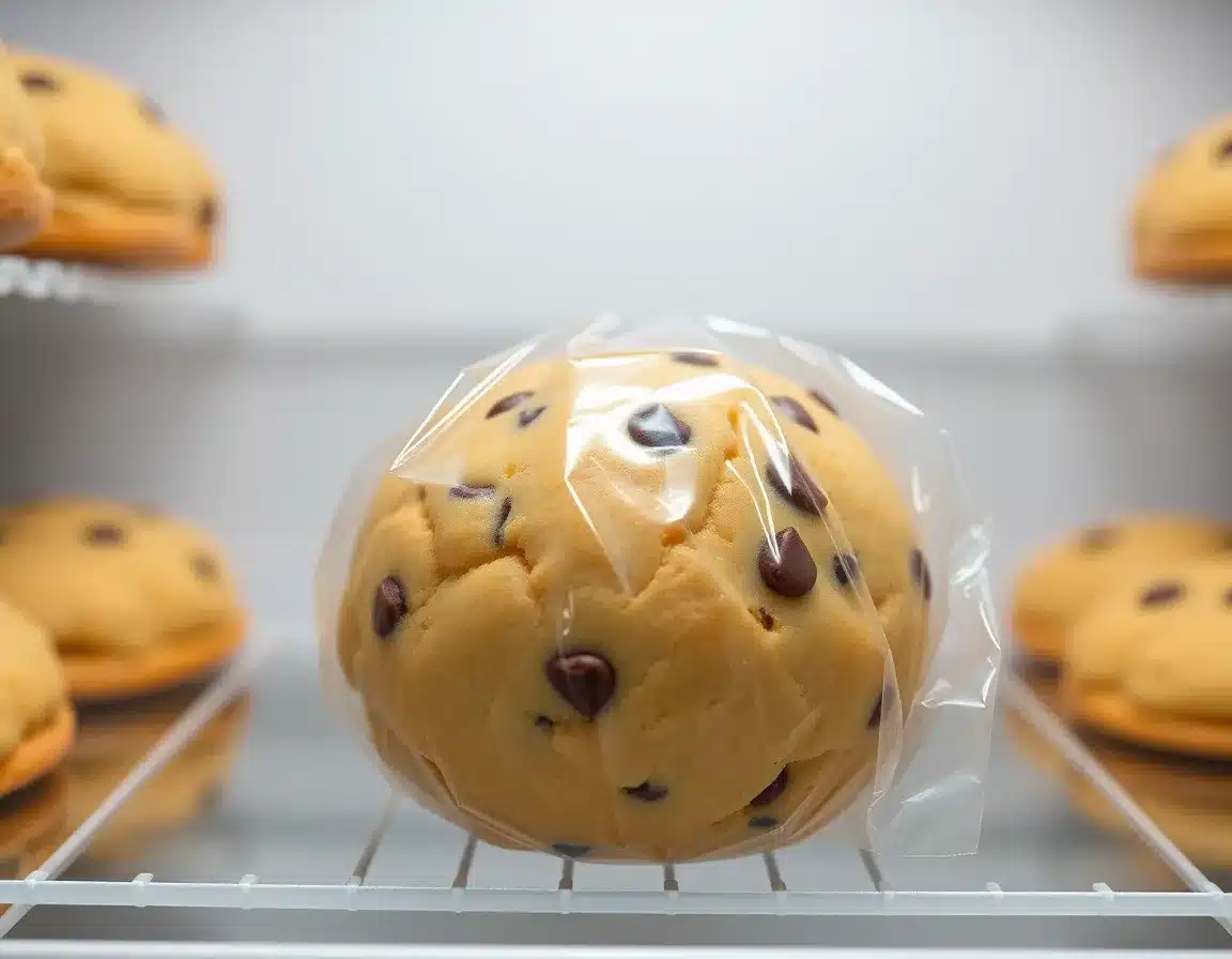 Cookie dough ball wrapped in plastic wrap, inside refrigerator, professional product photography