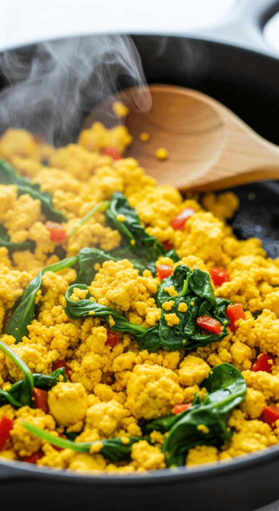Close-up macro shot of a cast-iron skillet containing golden-yellow crumbled tofu mixed with spinach and diced red peppers. Steam rising from the pan. A wooden spoon rests on the edge. High contrast to show the crispy edges of the tofu.