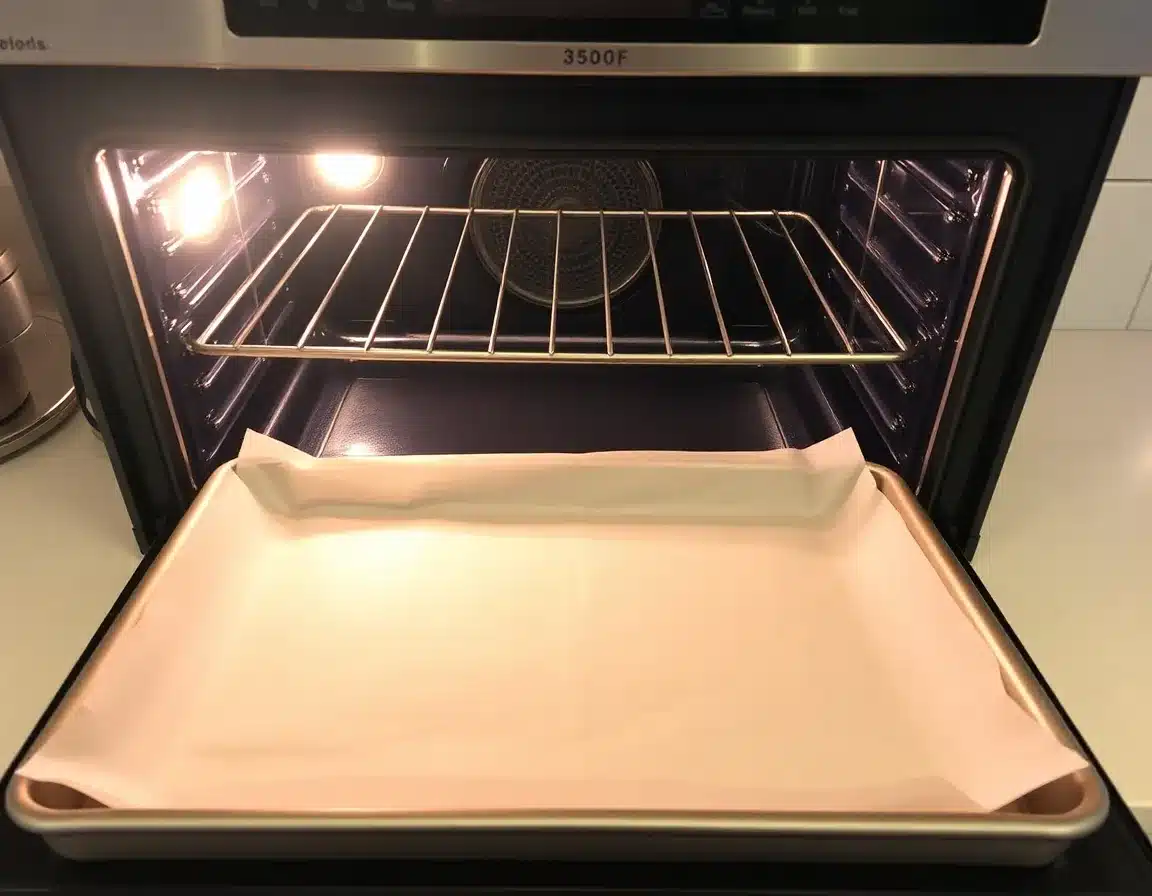 Oven preheating to 350F, parchment paper lined baking sheet, clean kitchen counter