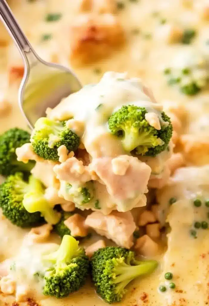 Keto chicken casserole cross-section showing creamy interior
