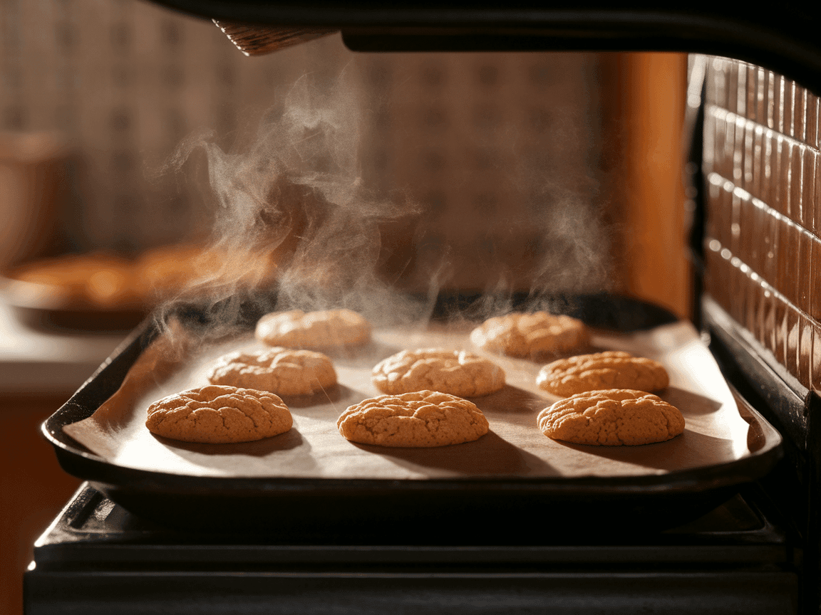 Cookies in oven baking, golden brown edges, soft centers visible through glass oven door