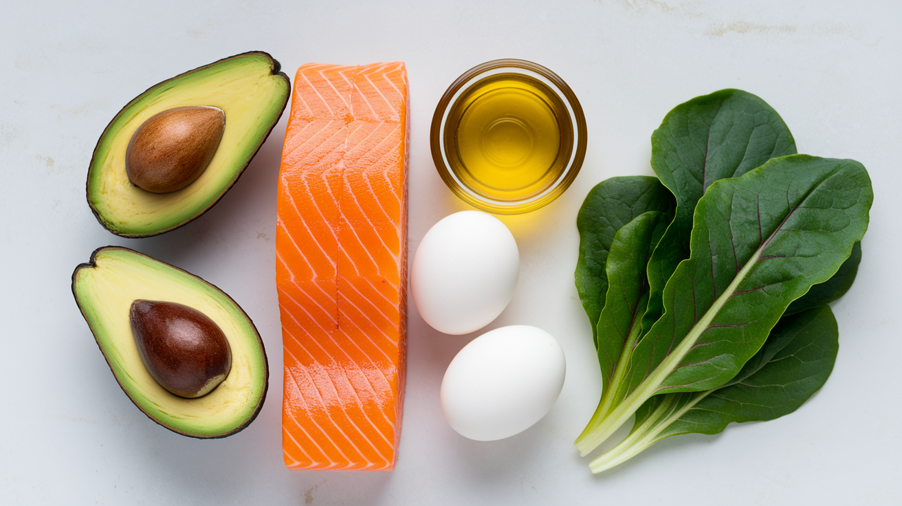 wide hero shot of healthy keto foods: avocado, eggs, salmon, leafy greens, olive oil on white background, professional food photography