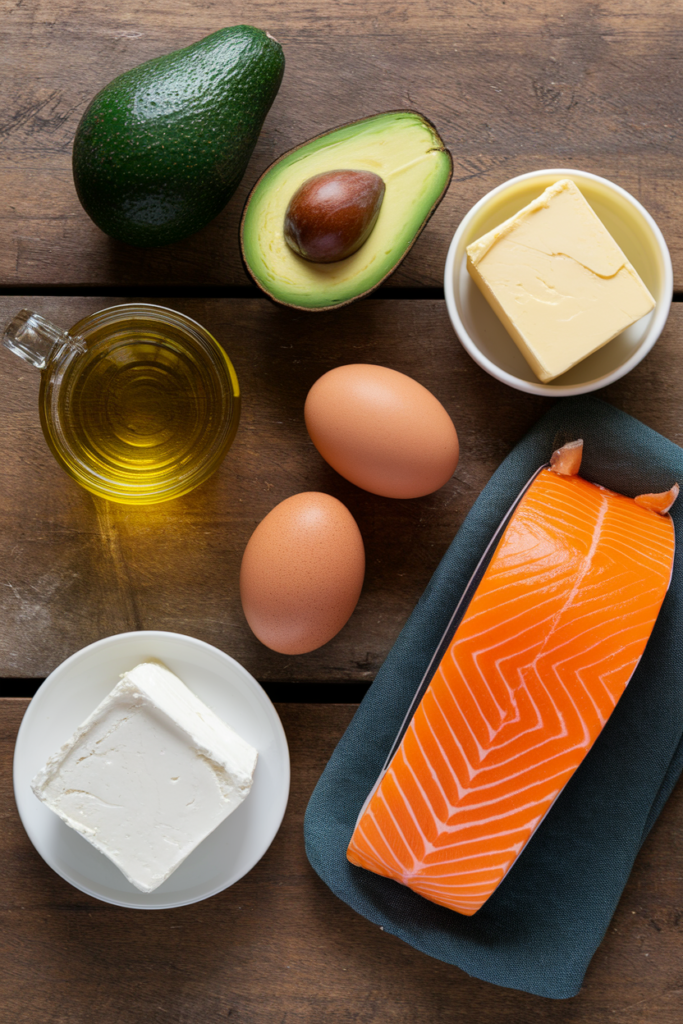   assorted healthy fats for keto: avocados, olive oil, butter, nuts, eggs, salmon, cream cheese on wooden table, top
  view, food photography