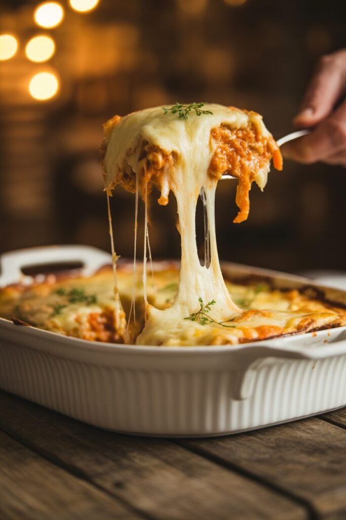 Serving keto chicken casserole with melted cheese