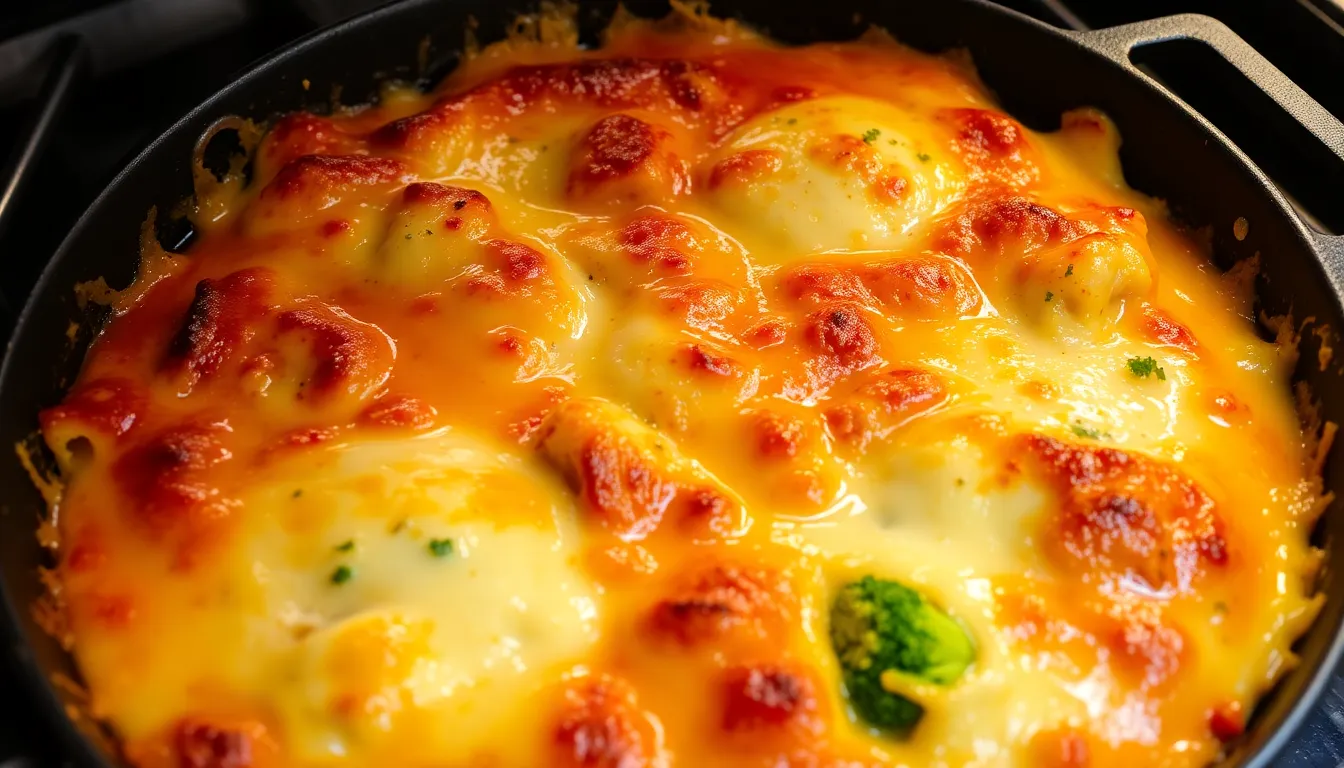 Creamy keto chicken casserole with broccoli in a cast iron skillet