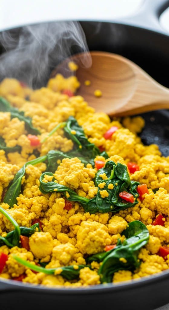 Close-up macro shot of a cast-iron skillet containing golden-yellow crumbled tofu mixed with spinach and diced red peppers. Steam rising from the pan. A wooden spoon rests on the edge. High contrast to show the crispy edges of the tofu.