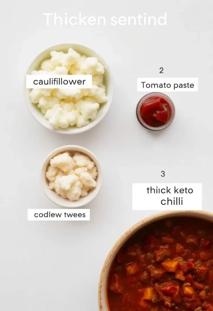 Three small bowls showing different thickening methods: (1) cauliflower puree in a white bowl, (2) tomato paste in a small jar, (3) thick keto chili in a ceramic bowl. Labels or text indicating each method. Clean background, professional food photography style.