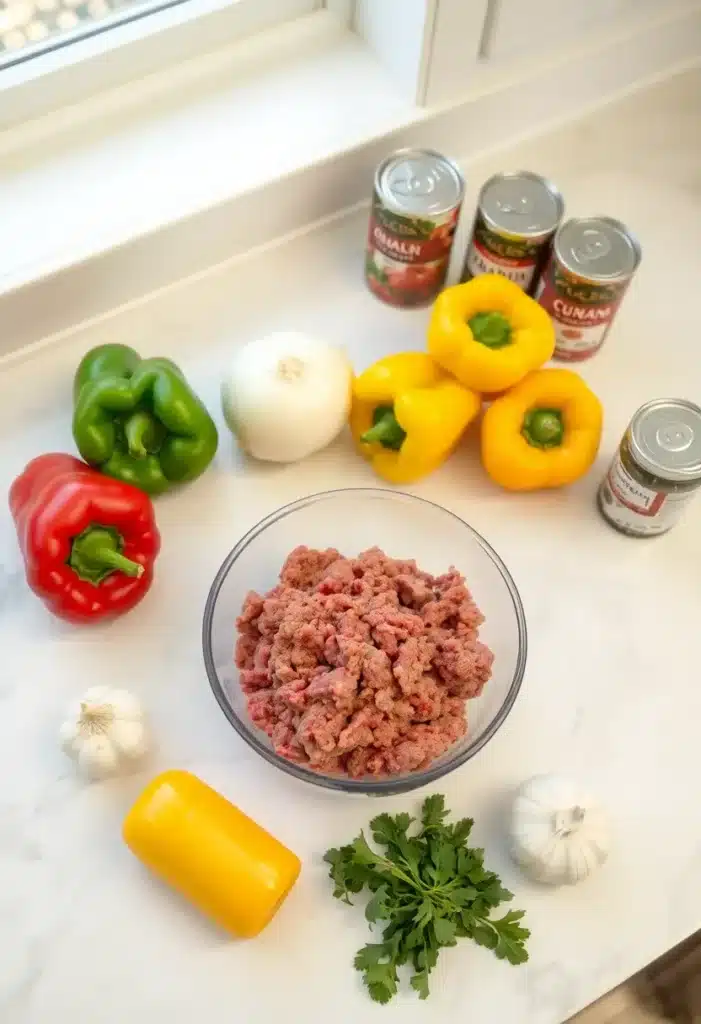 Fresh keto chili ingredients including ground beef, bell peppers, onions, garlic, and spices