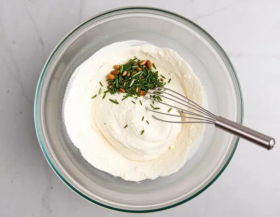 A top-down view of almond flour and herbs being whisked in a glass bowl for a Keto Rosemary & Olive Bread Recipe, professional kitchen setting.