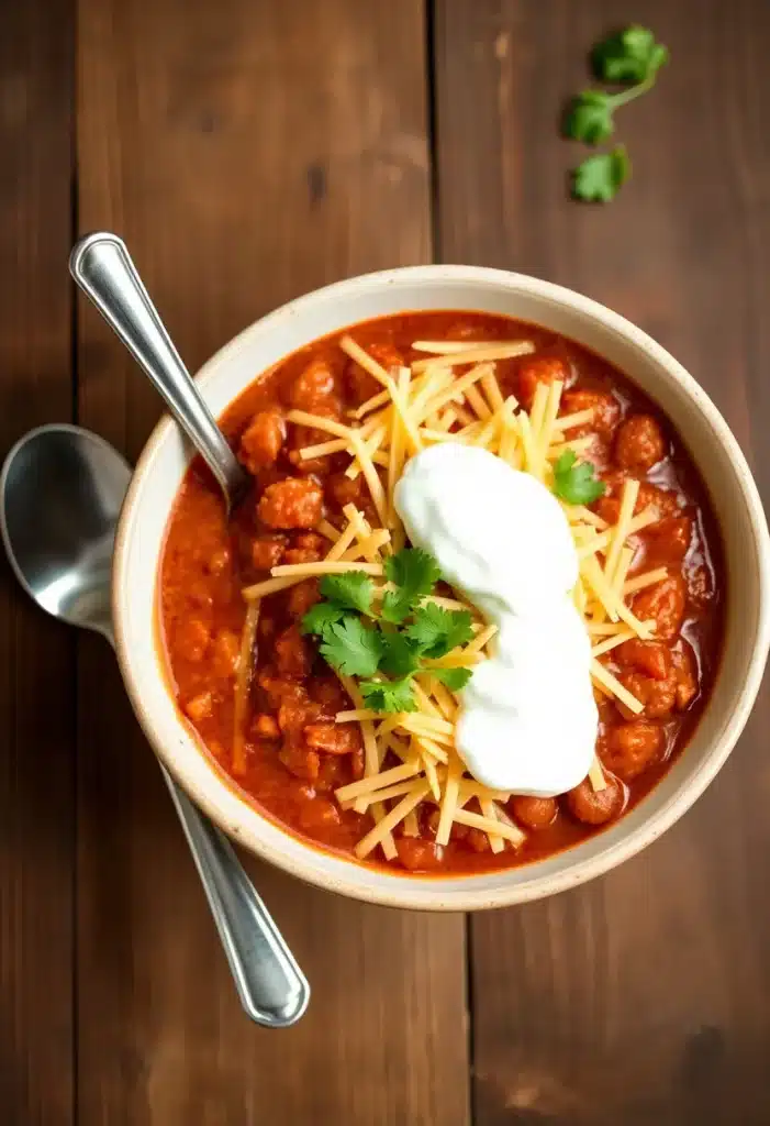  Bowl of keto chili with cheese, sour cream, and avocado toppings