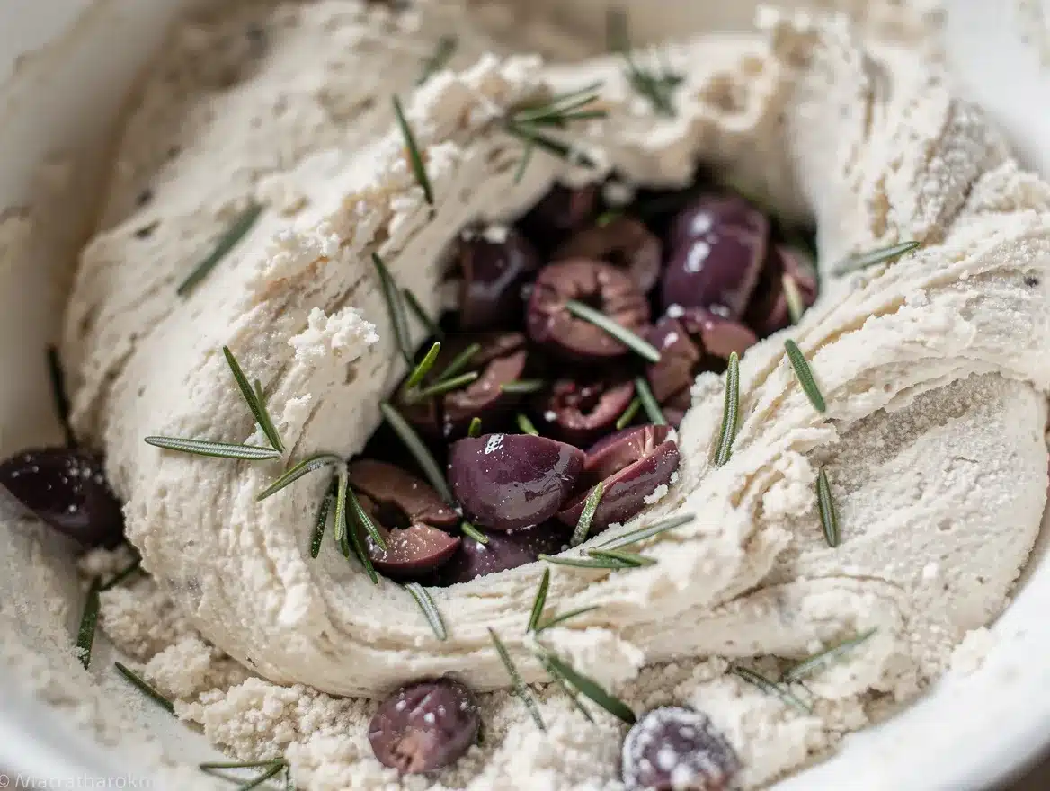 Macro shot of chopped purple olives and green rosemary being folded into a white flour mixture.