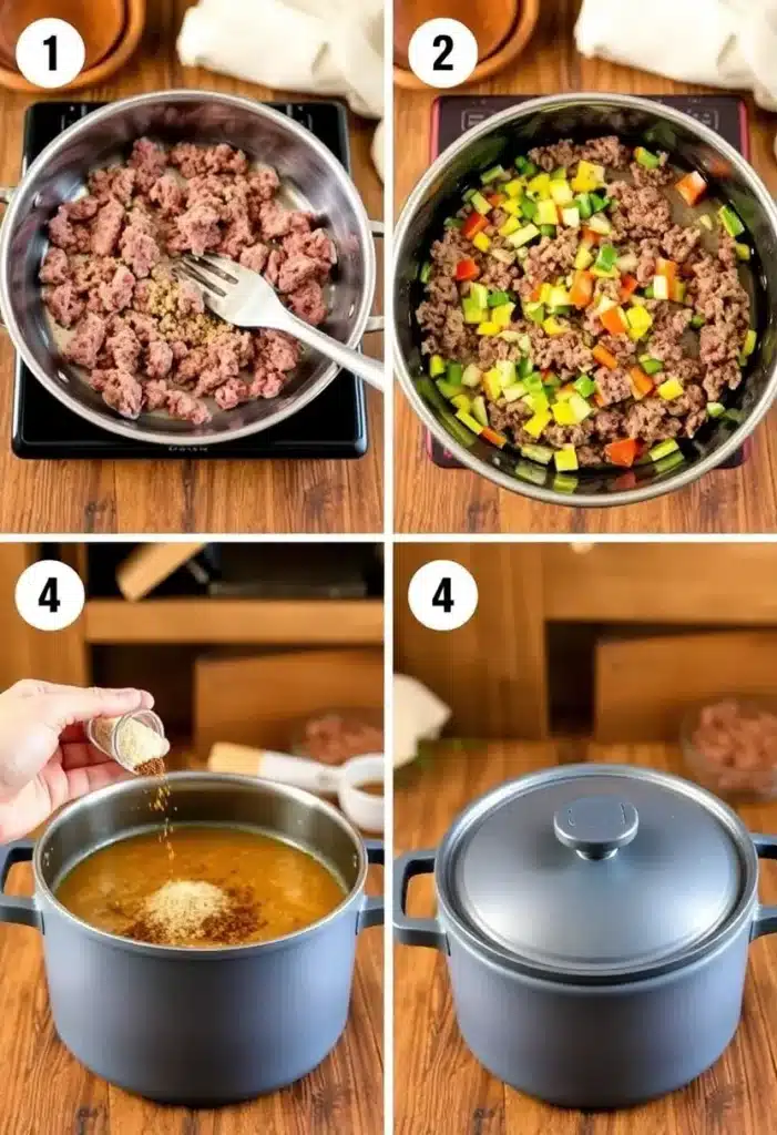 Step-by-step keto chili cooking process from raw ingredients to simmering pot