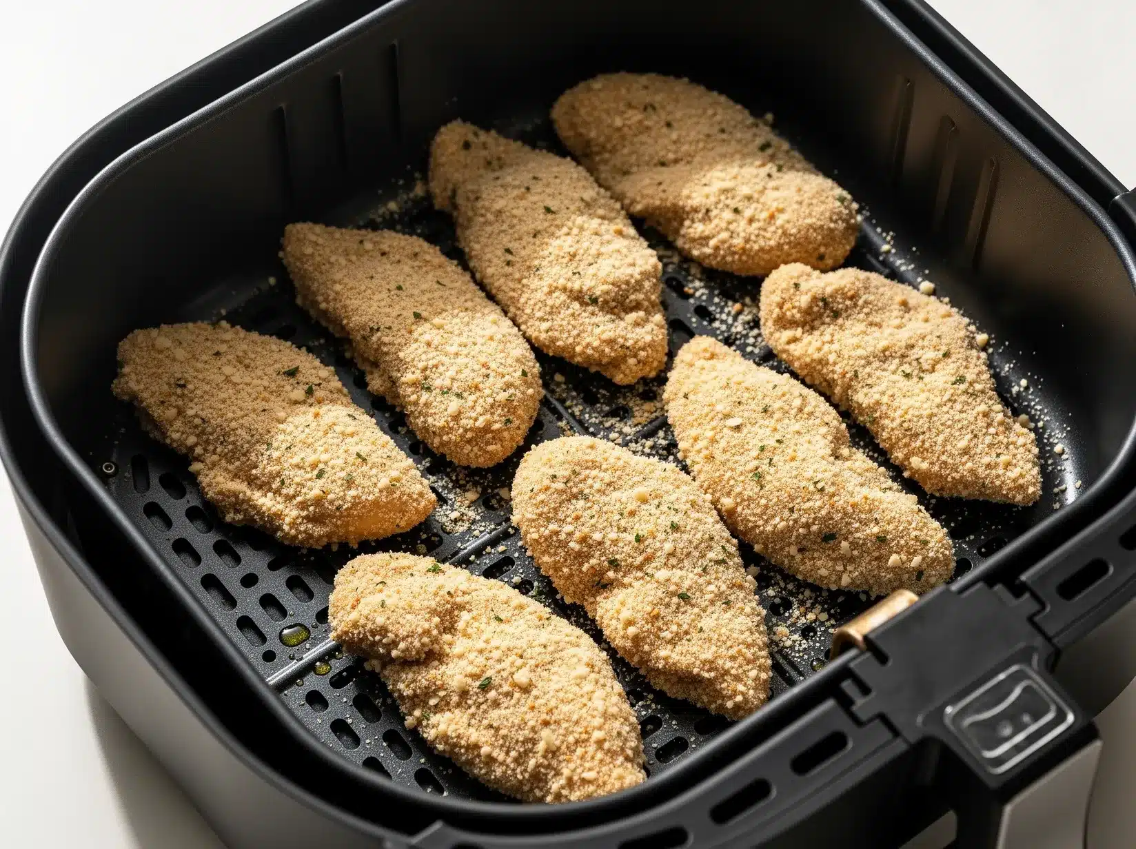 Breaded keto chicken tenders arranged in a single layer in an air fryer basket