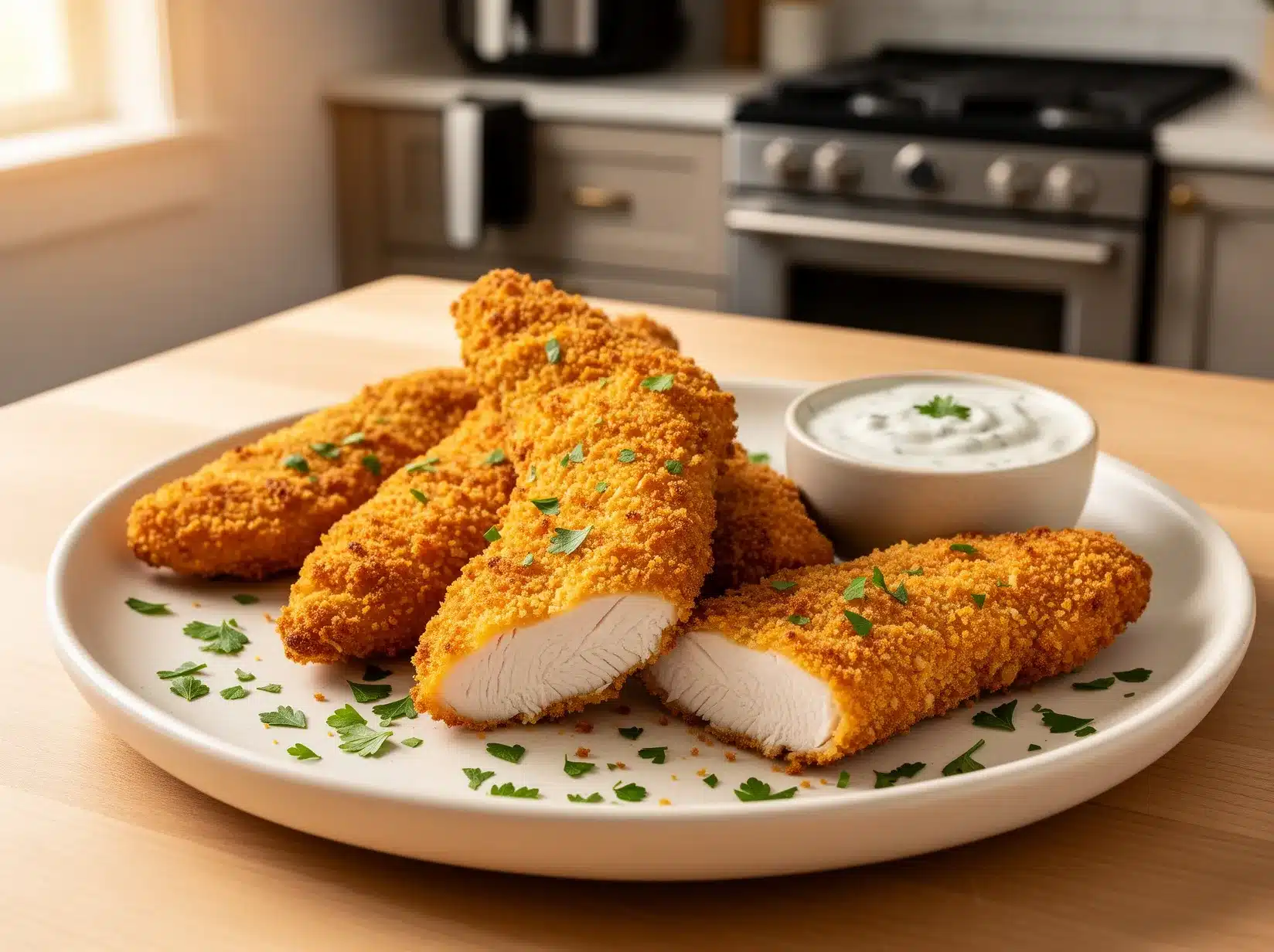 Crispy Air Fryer Keto Chicken Tenders with almond flour and Parmesan coating