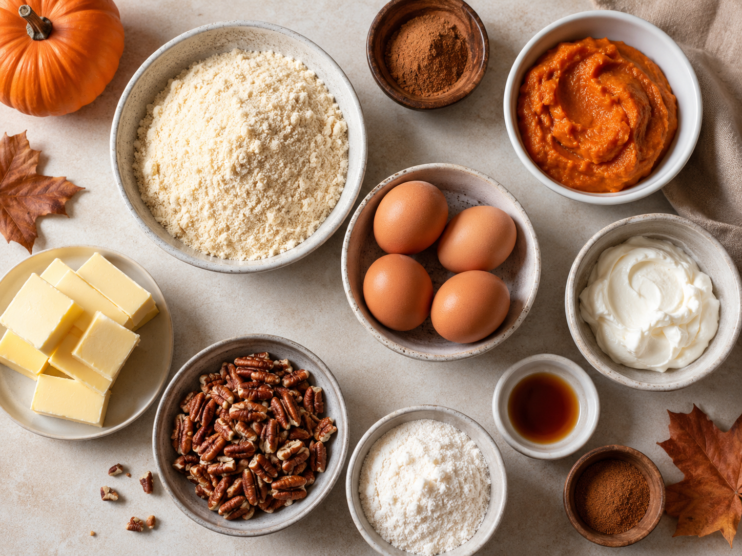 Ingredients for almond flour Pumpkin Spice Keto Coffee Cake with pumpkin puree and pecans