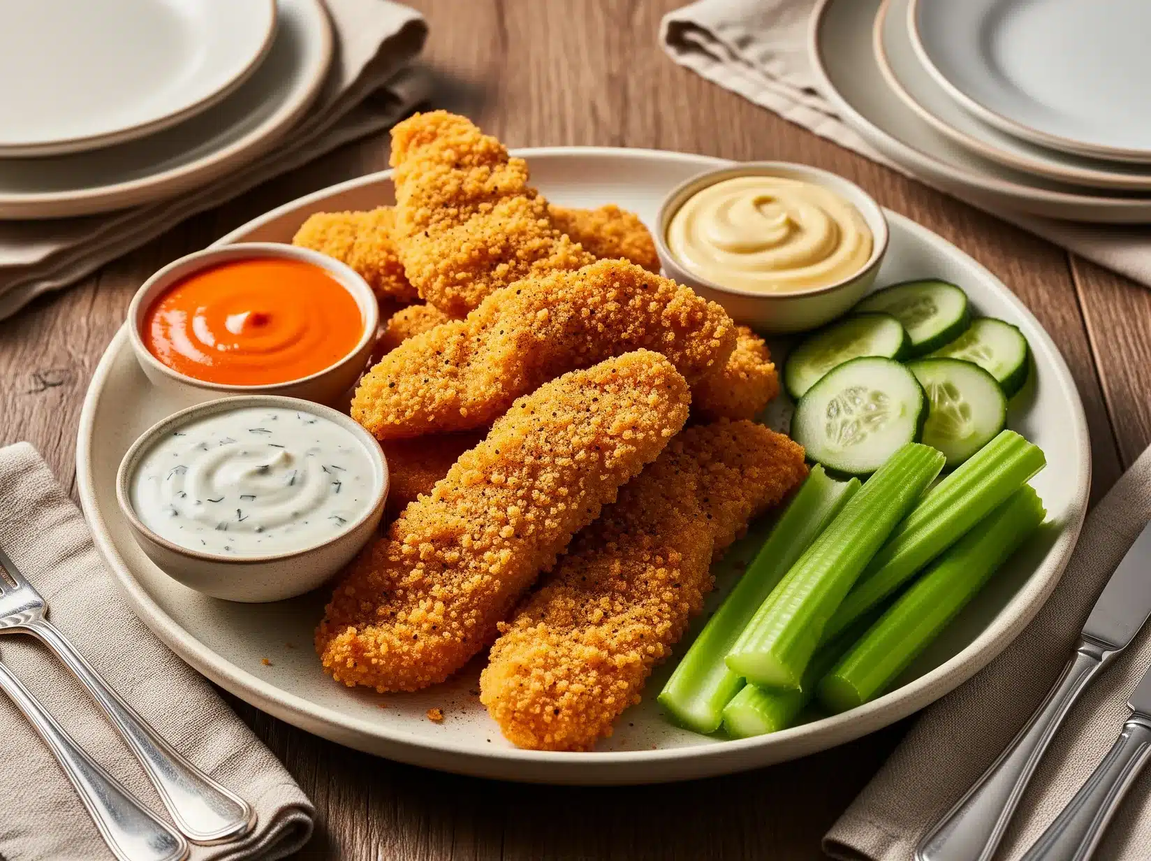Low carb chicken tenders served with keto dipping sauces