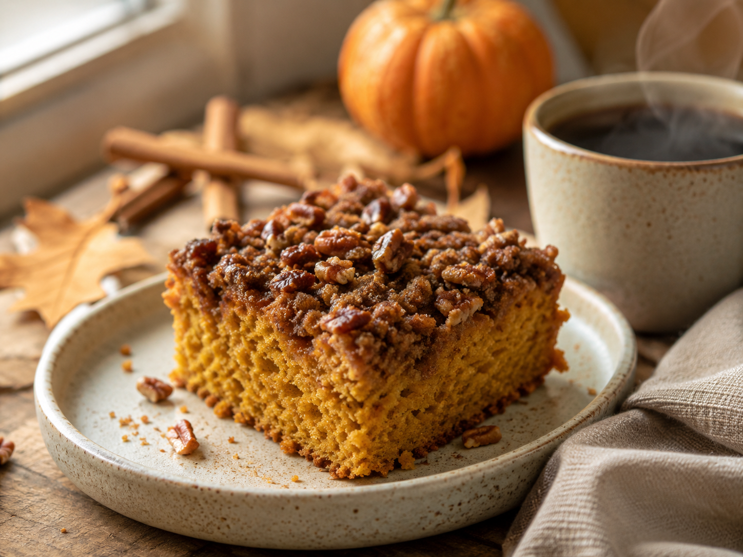Low carb pumpkin coffee cake with cinnamon pecan topping served for a fall breakfast