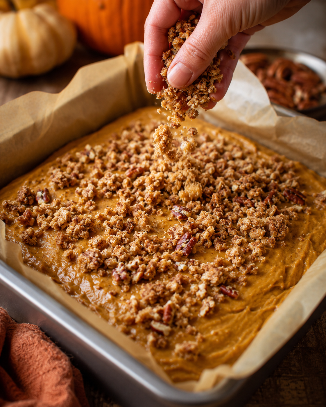 Pecan streusel being added to keto pumpkin coffee cake batter before baking