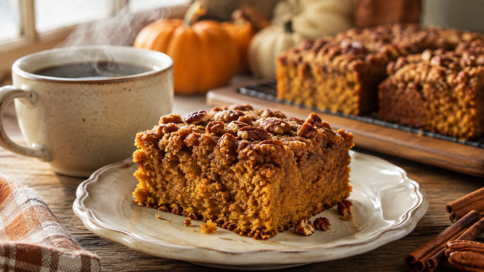Pumpkin Spice Keto Coffee Cake with pecan streusel served beside hot coffee.