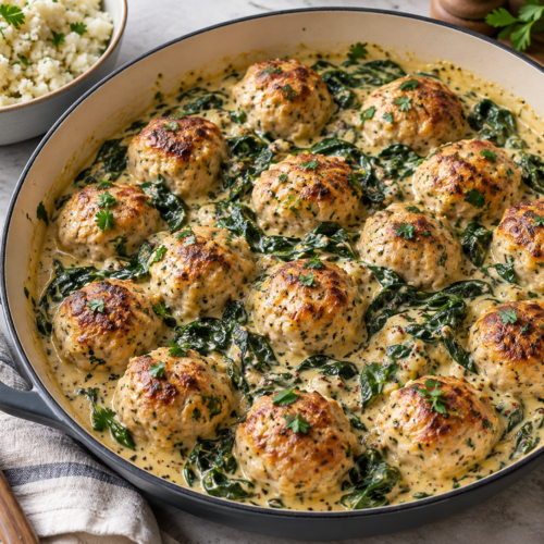 Overhead view of keto chicken meatballs simmered in creamy mustard spinach sauce with cauliflower rice on the side